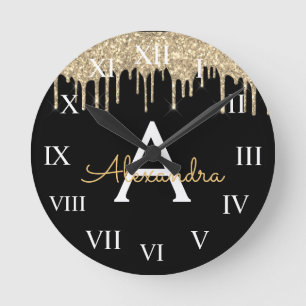 Gold Black Luxury Glitzer Glam Monogram Name Runde Wanduhr