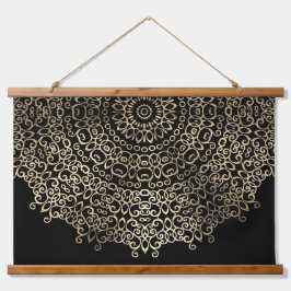 Gold Black Mandala Chic Trippy Psychedelic Hippie Wandteppich Mit Holzrahmen
