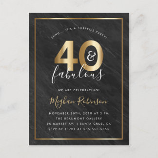 Gold & Black Marble 40 & fabelhaftes Überraschungs Einladungspostkarte