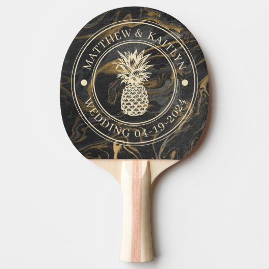 Gold Black Marble Pineapple Wedding Crest & Names Tischtennis Schläger (Vorderseite)