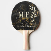 Gold Black Marble Swirl Leaf Wedding Monogram Tischtennis Schläger (Rückseite)