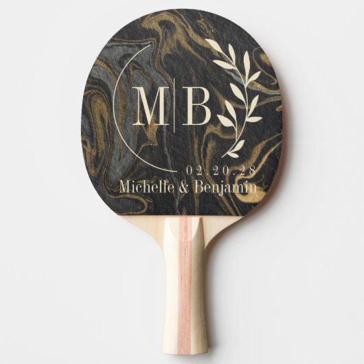 Gold Black Marble Swirl Leaf Wedding Monogram Tischtennis Schläger (Vorderseite)