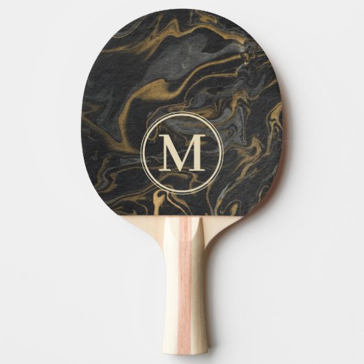 Gold Black Marble Swirl Stone Monogram Tischtennis Schläger (Vorderseite)
