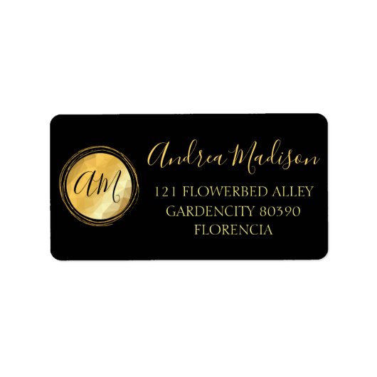 Gold Black Minimal Metallic Monogramm Adressaufkleber (Vorne)