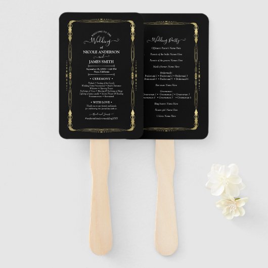 Gold & Black Minimal Modernes Glam Wedding Program Fächer (Vorne und Hinten)