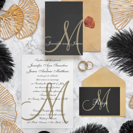 Gold Black Minimal Script Monogram Wedding RSVP Einladungspostkarte