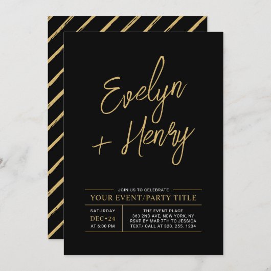 Gold & Black Modern All Occassion Party Event Invi Einladung (Vorne/Hinten)