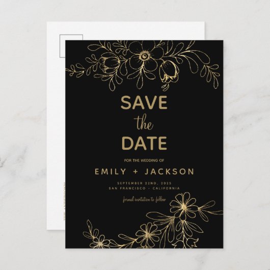 Gold Black Modern Elegant Save the Date floral Ankündigungspostkarte (Vorne/Hinten)