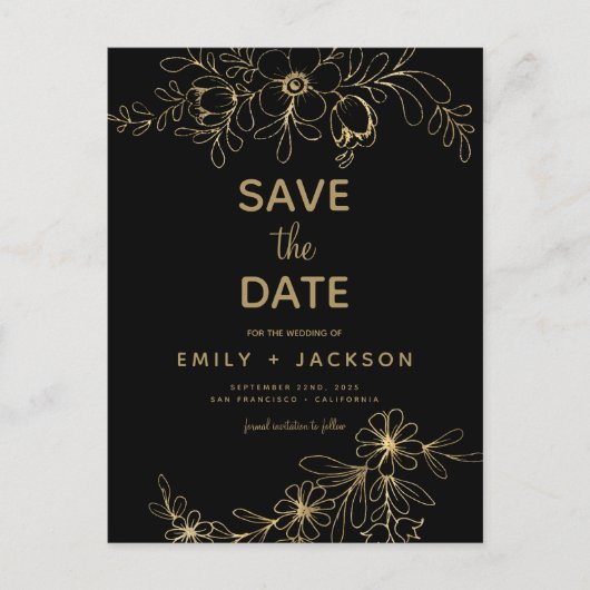 Gold Black Modern Elegant Save the Date floral Ankündigungspostkarte (Vorderseite)