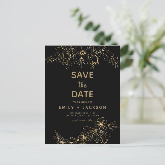 Gold Black Modern Elegant Save the Date floral Ankündigungspostkarte (Stehend Vorderseite)