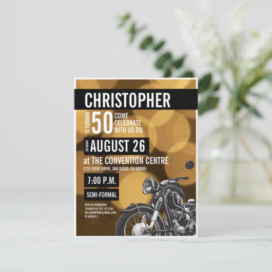 Gold Black Modern Motorrad Thema 50. Geburtstag Einladung (Stehend Vorderseite)