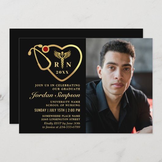 Gold Black Modern Nursing School Graduation Party Einladung (Vorne/Hinten)