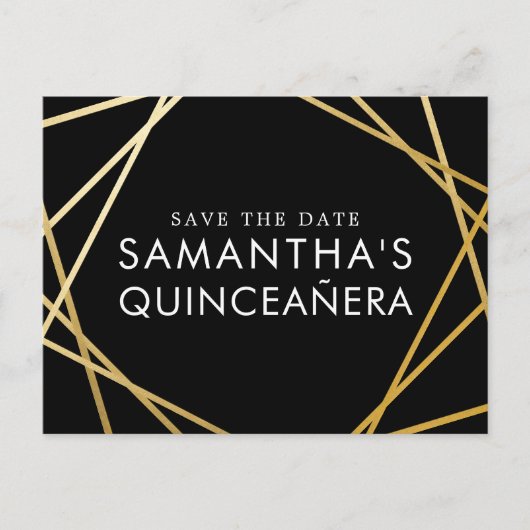 Gold Black Modern Quinceañera Save the Date Ankündigungspostkarte (Vorderseite)