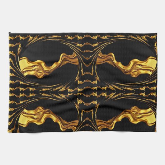 Gold Black Monochrome Design Opulent Swirl Liquid  Geschirrtuch (Horizontal)