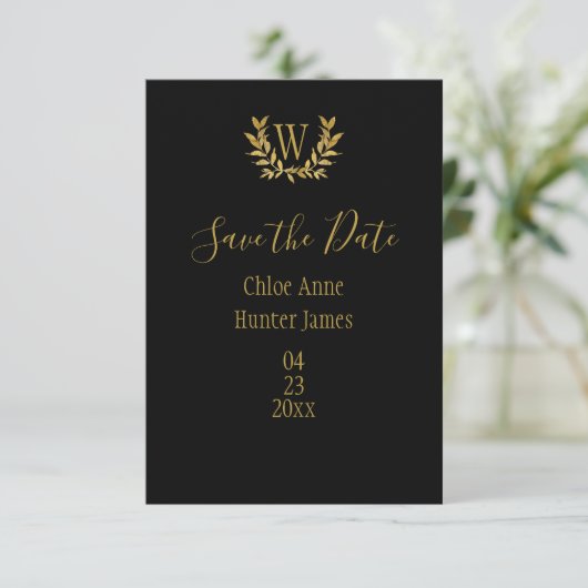 Gold Black Monogram Elegant Save The Date (Stehend Vorderseite)