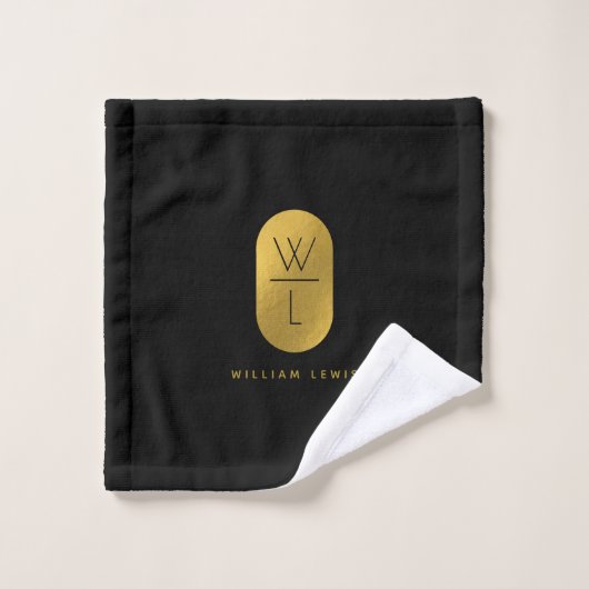 Gold & Black Monogram Modern Minimalistisch Badhandtuch Set (Waschlappen)