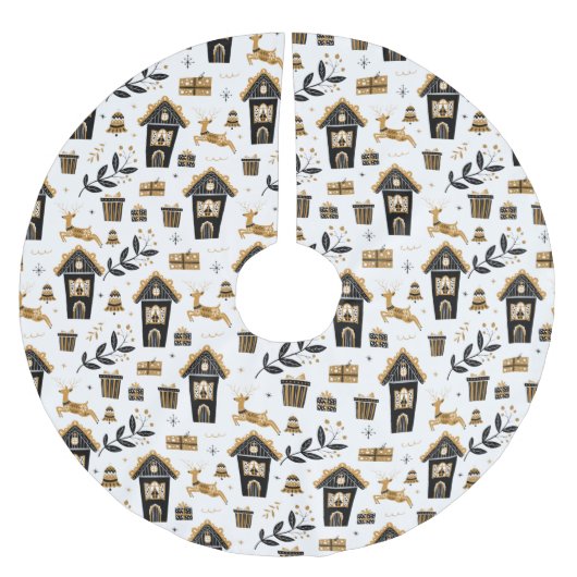 Gold Black Nordic Rentier House Weihnachten  Polyester Weihnachtsbaumdecke (Vorderseite)