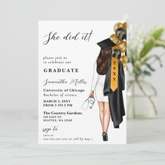 Gold Black Nurse Foto Sie tat es Abschluss Einladung (Stehend Vorderseite)