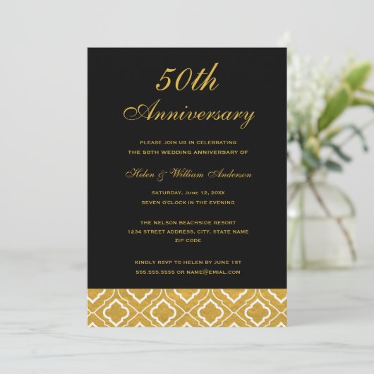 Gold Black Pattern 50. Hochzeitstag Einladung (Stehend Vorderseite)