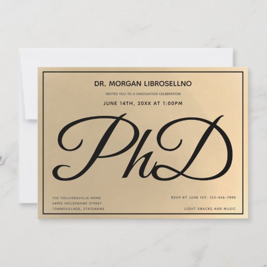 Gold Black PhD Graduation Party Einladung (Vorderseite)