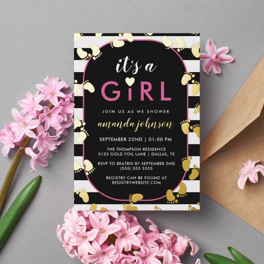 Gold Black Pink Es ist ein Girl Baby Footprints Folieneinladung