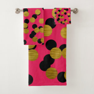 Gold & Black Polka Punkte auf Hot Pink Badhandtuch Set