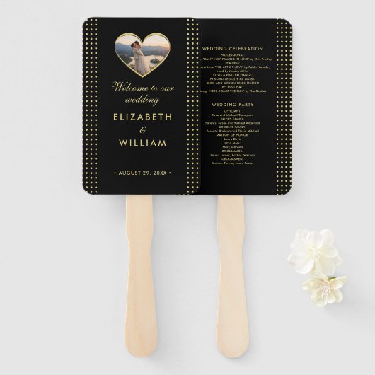 Gold & Black Punkte personalisierte Hochzeit Fächer (Vorne und Hinten)