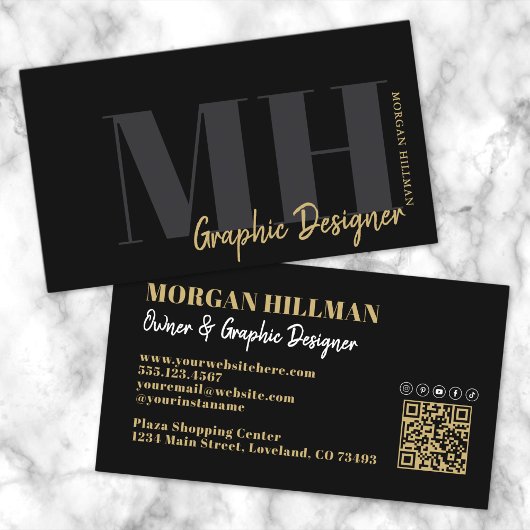 Gold Black QR Code Trendiger Monogramm Visitenkarte