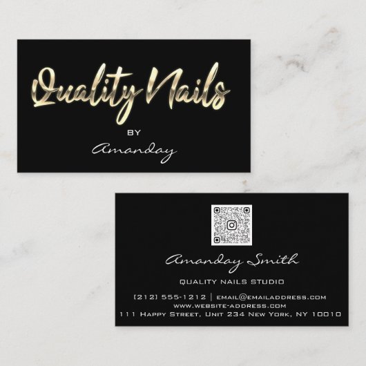 Gold Black Quality Nails Script QR-Logo Visitenkarte (Vorne/Hinten)