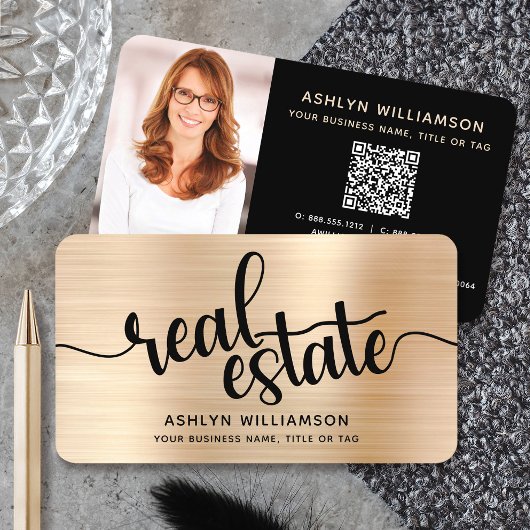 Gold Black Real Anwesen Agent QR Code Foto Broker Visitenkarte