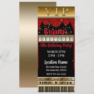 Gold Black Red HOLLYWOOD Geburtstagsfeier VIP-Tick Einladung