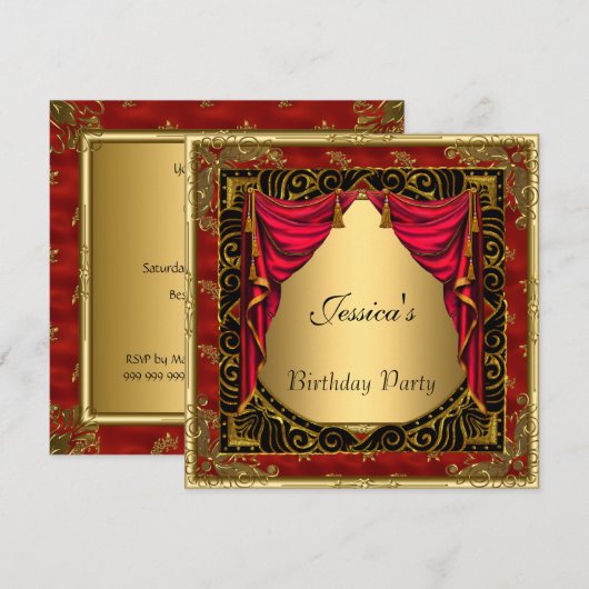 Gold Black Red Retro Einladung (Vorne/Hinten)