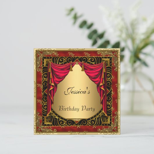 Gold Black Red Retro Einladung (Stehend Vorderseite)