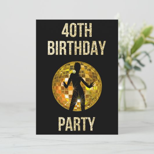 Gold & Black Retro Disco Glitzer Ball 40. Party Einladung (Stehend Vorderseite)