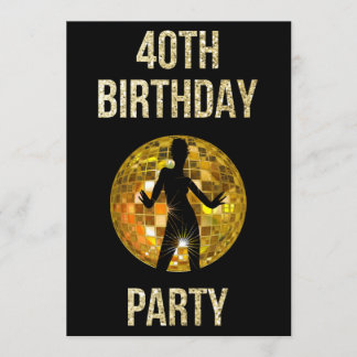 Gold & Black Retro Disco Glitzer Ball 40. Party Einladung