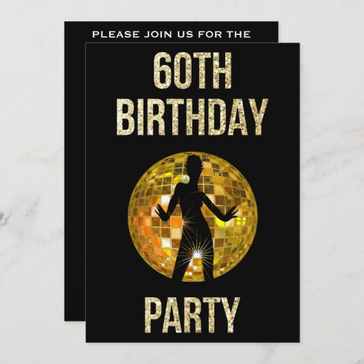 Gold & Black Retro Disco Glitzer Ball 60. Party Einladung (Vorne/Hinten)
