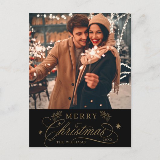 Gold & Black Romantic Frohe Weihnachts-Foto Postkarte (Vorderseite)
