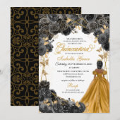 Gold Black Rose Schmetterling Glitzer Quinceañera Einladung (Vorne/Hinten)