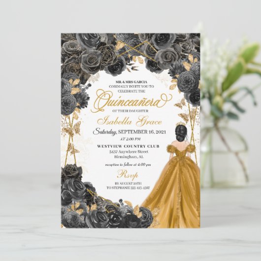 Gold Black Rose Schmetterling Glitzer Quinceañera Einladung (Stehend Vorderseite)