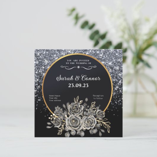 Gold Black Rose Silver Glitzer Einladung Hochzeit (Stehend Vorderseite)