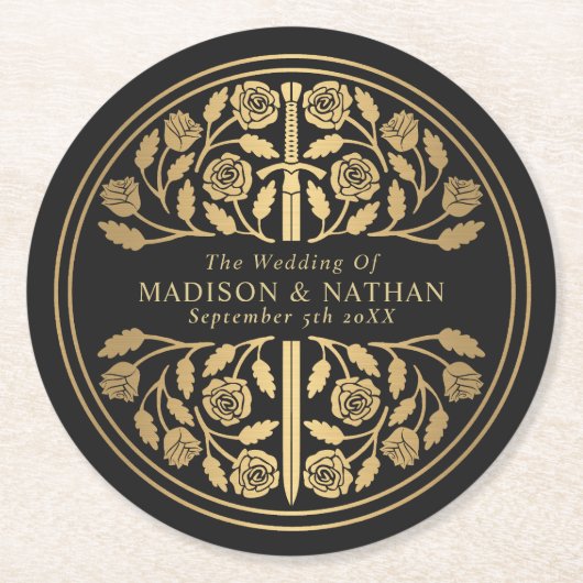 Gold Black Royal Medieval Sword Wedding Runder Pappuntersetzer (Vorderseite)