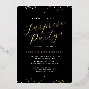 Gold Black Script Confetti Überraschungs-Party Folieneinladung