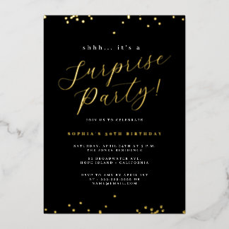 Gold Black Script Confetti Überraschungs-Party Folieneinladung