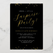 Gold Black Script Confetti Überraschungs-Party Folieneinladung (Vorderseite)