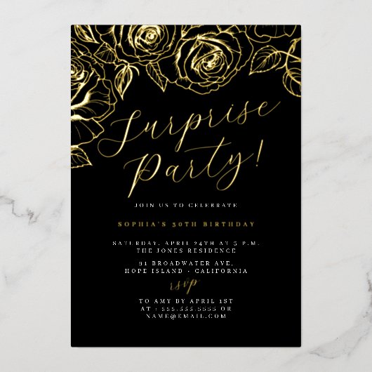 Gold Black Script Floral Überraschung Party Folieneinladung (Vorderseite)