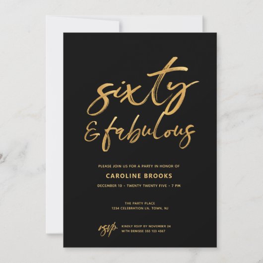 Gold Black Sechzigster 60. Geburtstag Einladung (Vorderseite)