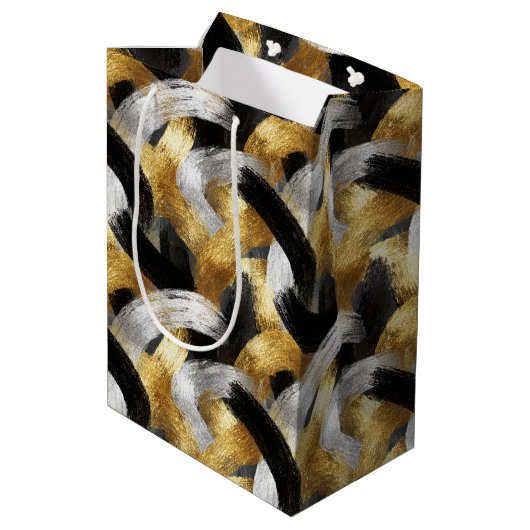 Gold Black Silver Glam Confetti Christmas Mittlere Geschenktüte (Rückseite Schrägansicht)