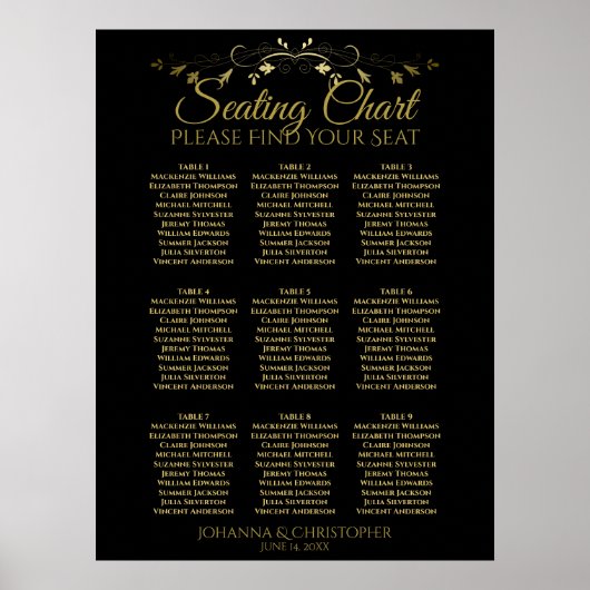 Gold & Black Simple 9 Table Seating Chart Poster (Vorne)