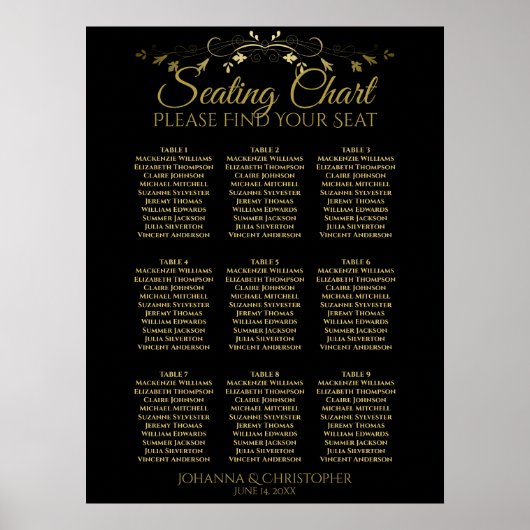 Gold & Black Simple 9 Table Seating Chart Poster (Vorne)
