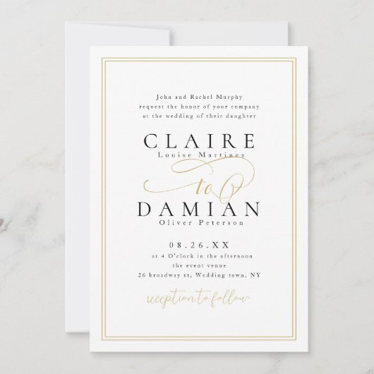 Gold Black Simple Elegance Romantische Script Hoch Einladung (Vorderseite)